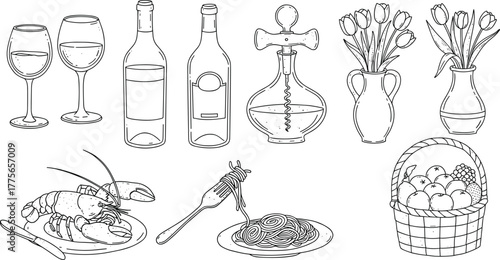  Wine glasses bottles decanter, gourmet food seafood pasta basket, dining celebration vector illustration, romantic dinner clipart, elegant restaurant elements, fine table design