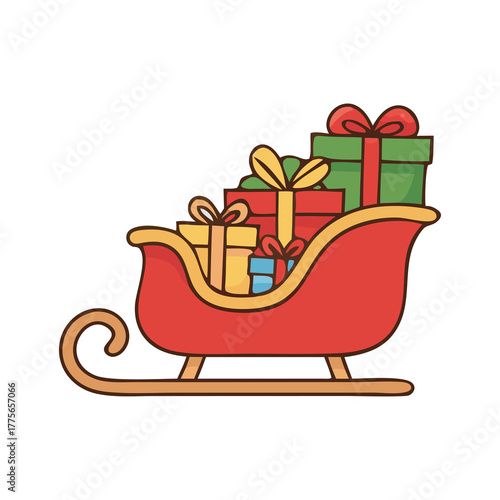 Cute red Christmas sleigh filled with wrapped gifts and ribbons, kawaii style vector illustration for winter holiday cards, stickers and festive designs.
