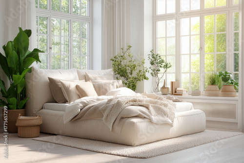 Minimalist Japandi-style bedroom with a low-profile bed, large windows with sheer curtains, and light wood floors.