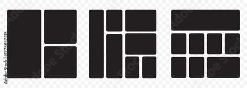 Bento grid vector vertical layouts. Geometric tiles pattern for photo collage, website layout, etc. Trendy tiling frames arrangements and presentation templates for social media. EPS 10.