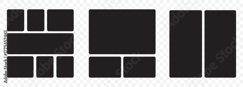 Bento grid vector vertical layouts. Geometric tiles pattern for photo collage, website layout, etc. Trendy tiling frames arrangements and presentation templates for social media. EPS 10.