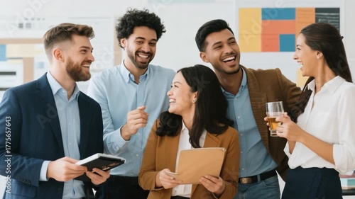 Group of cheerful business professionals sharing a laugh during an informal meeting in modern office. They look relaxed, collaborative, and engaged in a positive team environment.