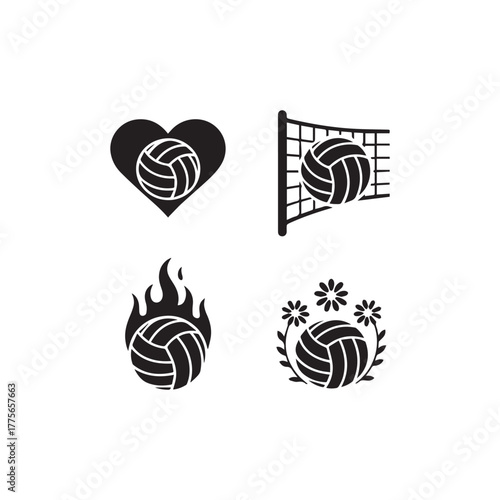 Collection of four black silhouette icons featuring volleyballs in different symbolic arrangements