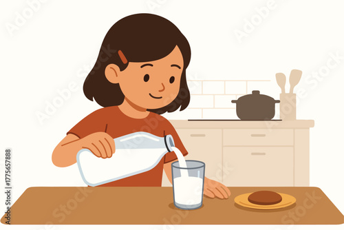 A young girl with brown hair in a red shirt pours milk into a clear glass from a white bottle, with a cookie on a plate nearby, in a kitchen setting.