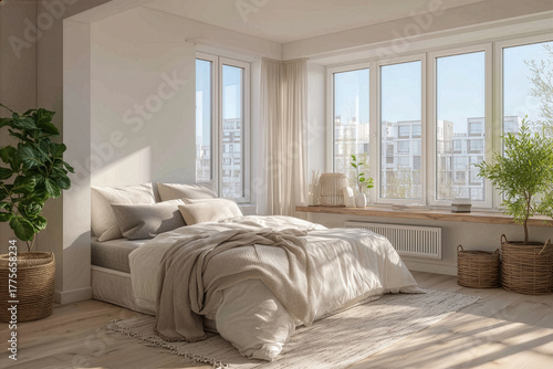 Elegant modern master bedroom in a luxury high-rise apartment with corner windows and a stunning city skyline view