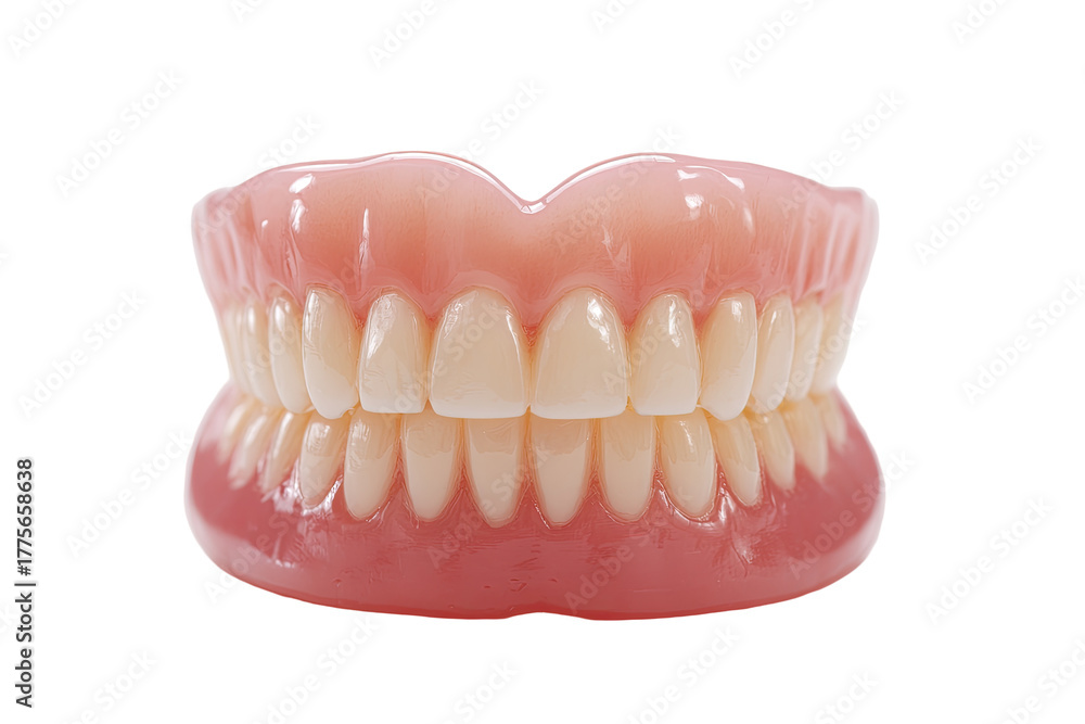 Obraz premium Full set of artificial teeth, light beige/yellow teeth on a light pink gum base