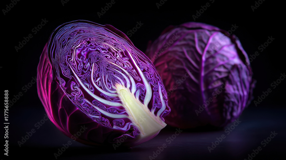 Obraz premium Purple cabbage cut in half on dark background, close-up of fresh red cabbage texture and leaf pattern