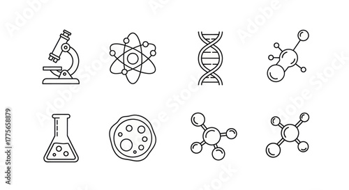 Collection of simple line art icons representing scientific research and discovery