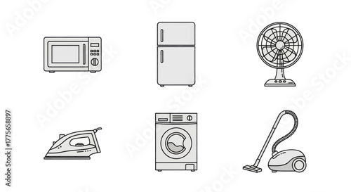 Collection of common household appliances for a modern home, including a microwave, refrigerator, fan, iron, washing machine, and vacuum cleaner.