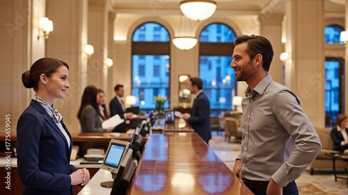 Smiling man checks into a hotel as he hands his card to receptionist