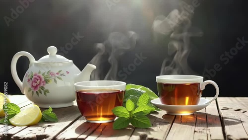 Elegant tea set with lemon and mint for a healthy lifestyle