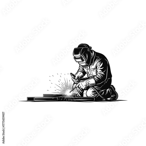 A skilled welder wearing protective gear and a helmet intensely works on metal pieces creating bright sparks and light