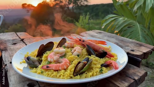 Seafood Paella With Shrimp and Mussels Over Sunset Horizon