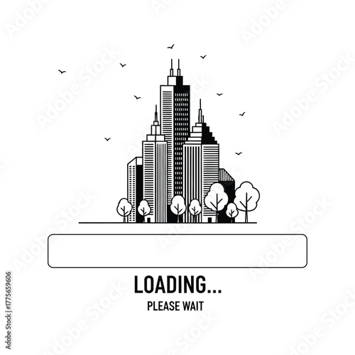 Cityscape evolution from construction site to completed skyscrapers with loading bar and birds flying