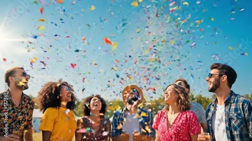 Enthusiastic crowd celebrating at an outdoor festival with confetti falling