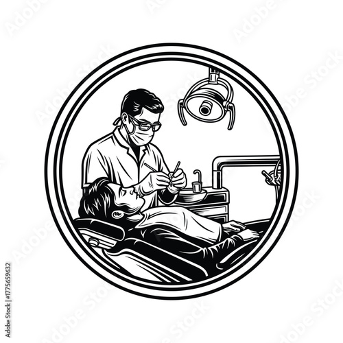 Dentist in protective gear examining patient in dental chair under bright light within a circular frame