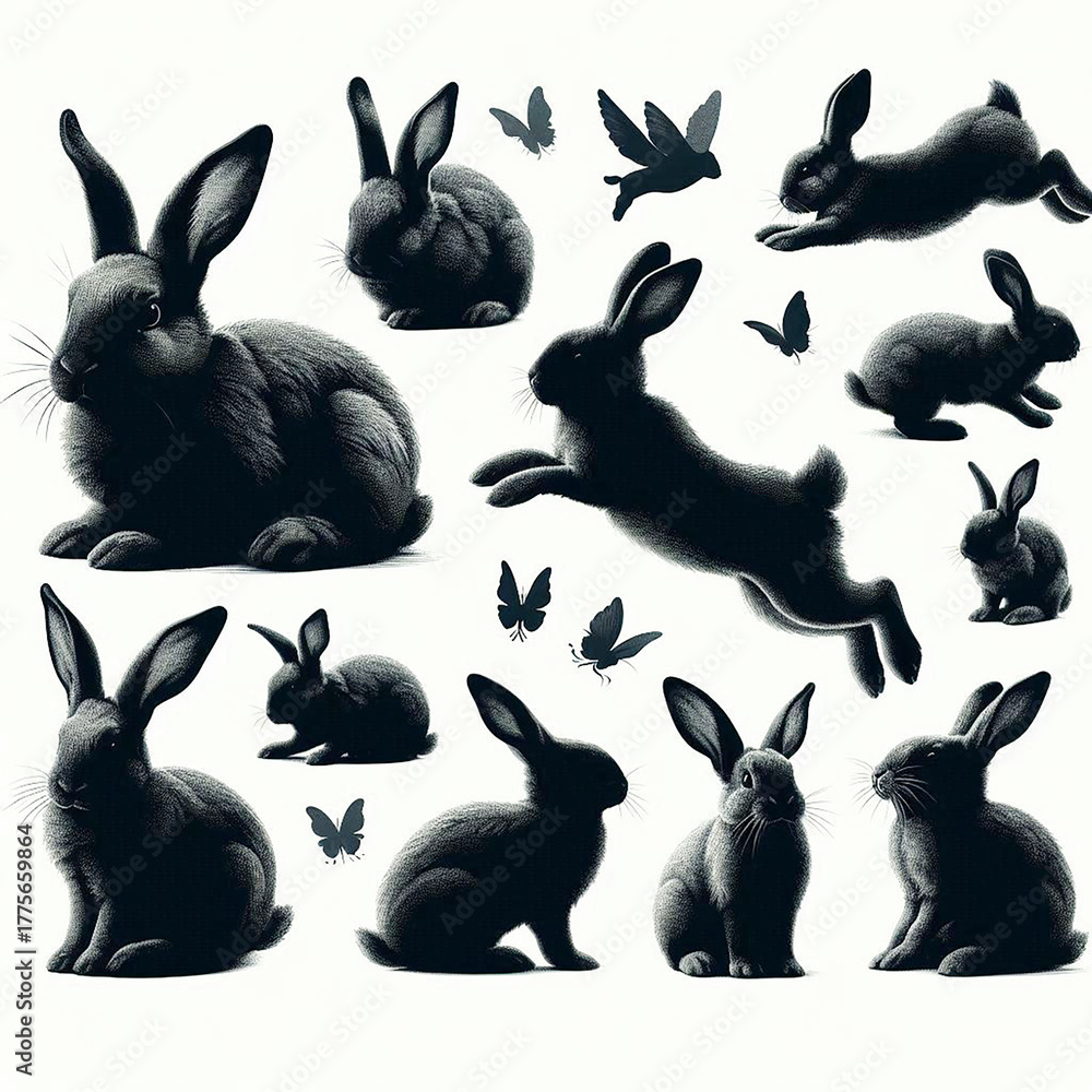 Obraz premium Dynamic Rabbit Jumping Silhouette Isolated on White Background Vector