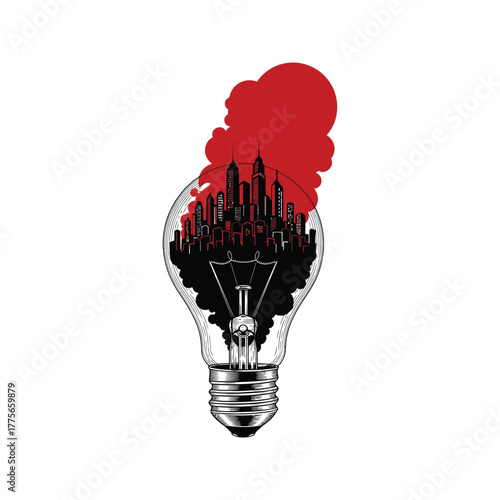 Light bulb silhouette filled with city skyline and red smoke symbolizing urban energy and pollution