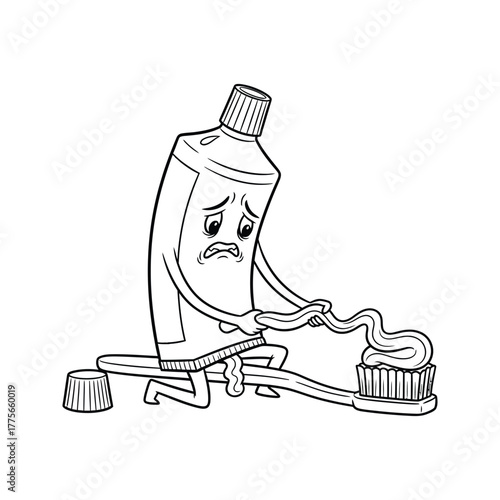 Sad cartoon toothpaste tube struggling to squeeze paste onto a toothbrush with a distressed expression