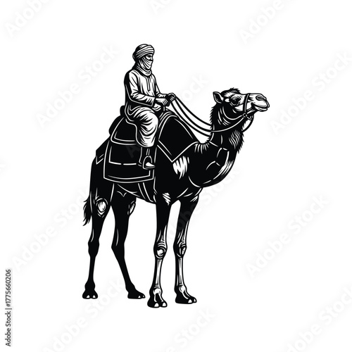 Silhouette of a man in traditional clothing riding a camel in a desert landscape