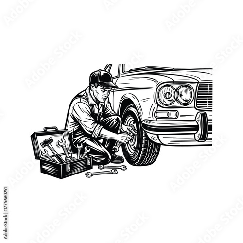 Skilled mechanic in overalls and cap repairs a vintage car wheel with tools and toolbox nearby