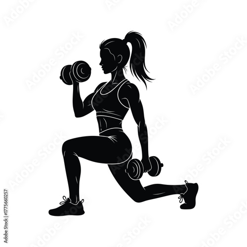 Silhouette of a fit woman performing lunges with dumbbells for a strong body workout