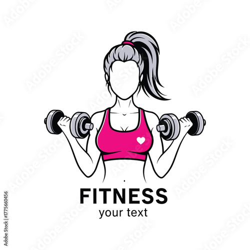 Stylized illustration of a woman with a ponytail lifting dumbbells in a pink sports bra with a heart emblem