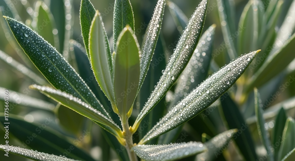 Obraz premium Fresh Olive Branch Displaying Dew Droplets Under Gentle Morning Sunlight
