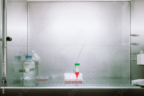Laboratory hood with test tubes and scientific instruments