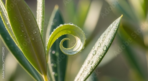 Fresh Olive Leaf Coiled Detail Capturing Dewdrops in Morning Sunlight Visuals