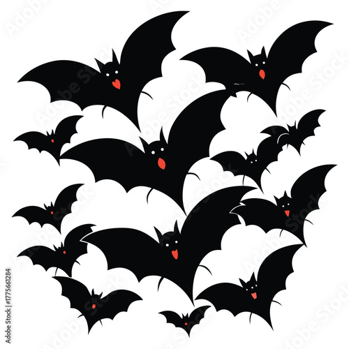 A spooky flock of black halloween bats flying together on a white background