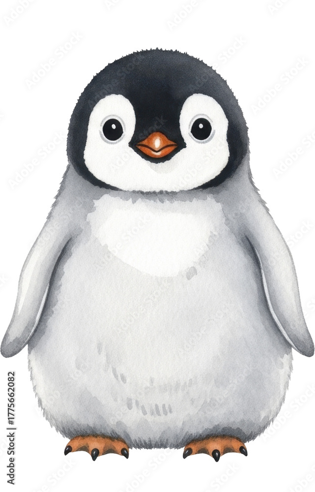 Fototapeta premium Cute watercolor baby penguin with orange beak and feet, adorable chick on a transparent background, PNG image file for winter holiday greeting designs