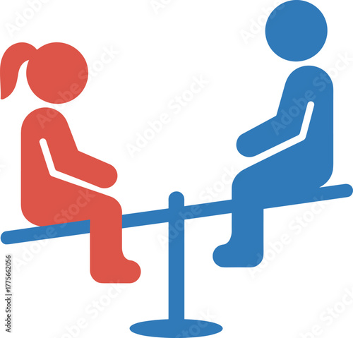 Seesaw balance concept, gender equality, teamwork, physics illustration, playful children, leverage force, red girl, blue boy, stylized vector icon