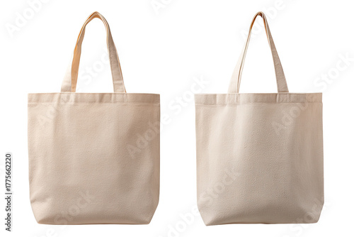 Two identical off-white canvas tote bags, front and back views,  isolated on a plain background