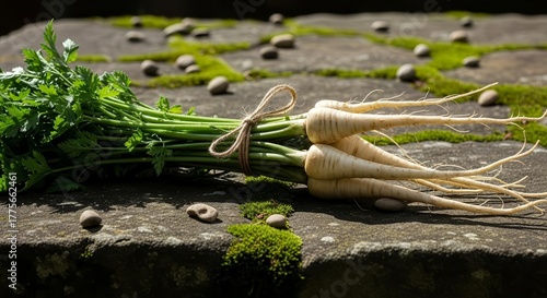Fresh Parsley And Parsnips, A Rustic Composition On A Stone Surface Of A Garden
