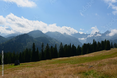 Rusinowa Polana, one of the most scenic clearings in the Polish Tatra Mountains. Tatra National Park, Zakopane, Poland. Panorama of High Tatra (mostly Slovak) and Bielskie Tatra.
