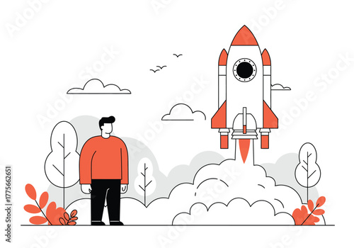 Man watching a rocket launch illustrating business startup success