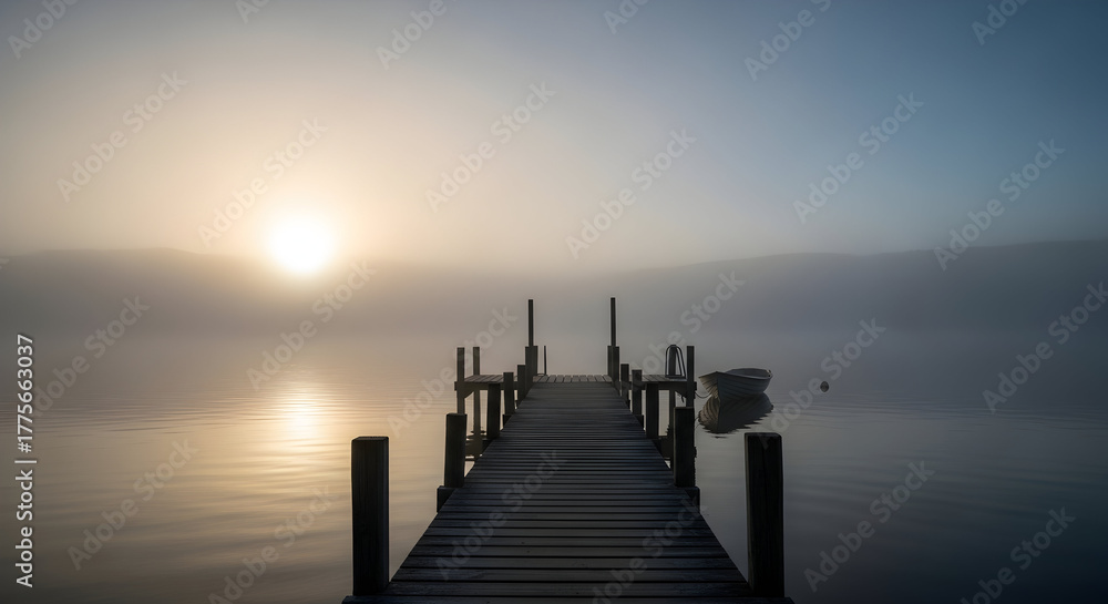 Obraz premium Wooden pier leading into misty lake at sunrise dock