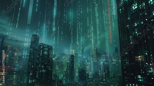 Futuristic city skyline illuminated by cascading digital rain during nighttime hours