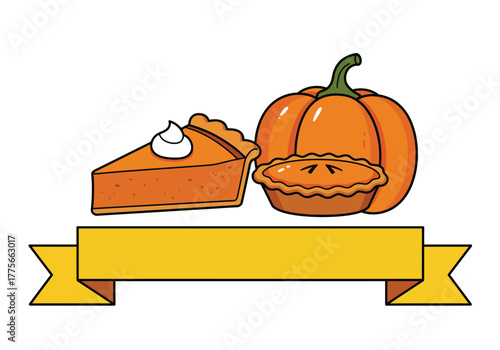 Thanksgiving Pumpkin Pie Slice Whole Tart Banner Cartoon