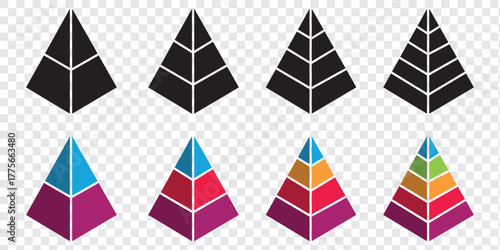Triangular pyramid infographic vector icon set. Pyramid infographic templates collection. Pyramid charts with 3, 4, 5, 6, 7, 8 steps, options, layers, levels. Development level infographic. 