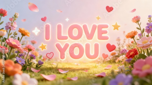 Three dimensional letters spelling a romantic message glow brightly amidst a lush spring meadow