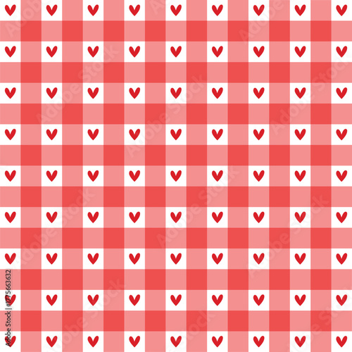 Seamless romantic red gingham plaid background with tiny heart shapes. Love textile pattern for wrapping paper, wedding, Valentine, or romantic invitation. Cute checkered digital vector illustration.