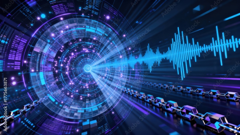 Fototapeta premium Digital interface tunnel converges with sound wave visualization and metallic chain links