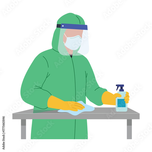 Disinfectant cleaning professional in PPE suit wearing mask and shield