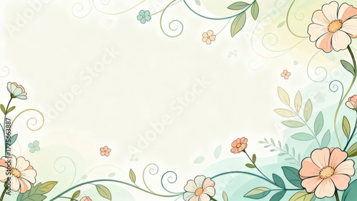 Delicate floral border design features soft pastel colors and gentle swirling vines framing a central copy space