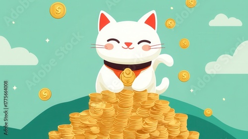 Cute Cat with Coins and Wealth Symbol in Cartoon Style