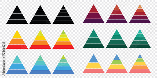 Levels of triangular pyramid. Half triangle pyramid chart. Maslow layer diagram. Development level infographic. Business graph. 