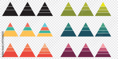 Levels of triangular pyramid. Half triangle pyramid chart. Maslow layer diagram. Development level infographic. Business graph. 
