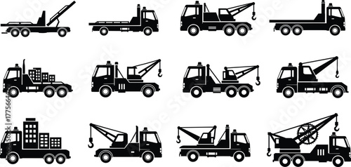 Silhouette tow trucks, construction vehicles, heavy duty transport, crane trucks, flatbed, boom, wheel lift, industrial machinery, cargo hauling, recovery service illustration